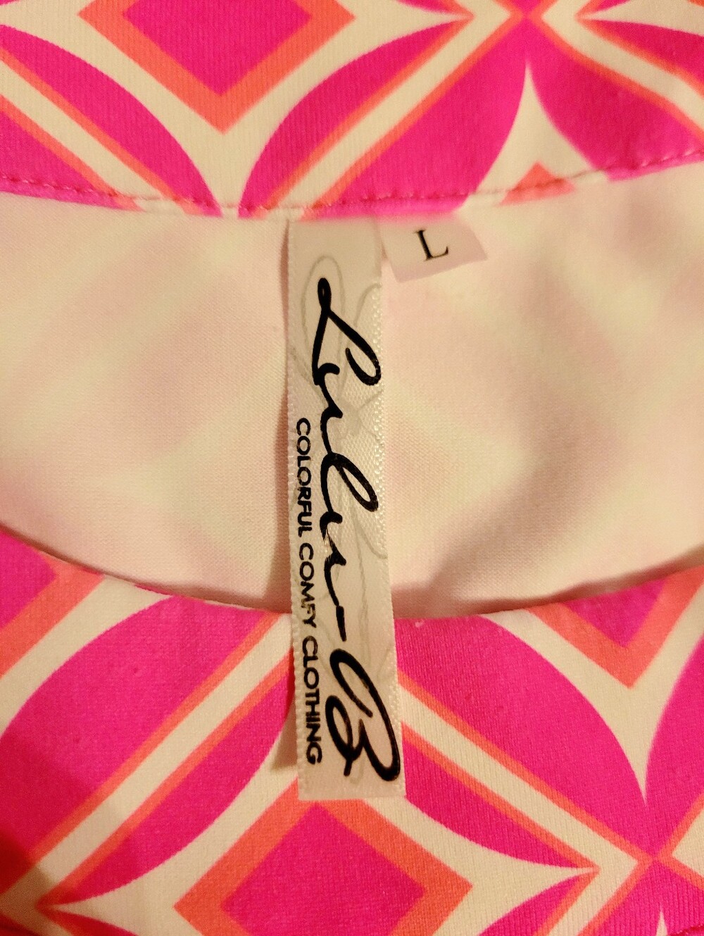 Lulu-B Women's SZ Large Pink Geometric Ruffle Hem Dress Stretch Coastal Grandma - Picture 8 of 10